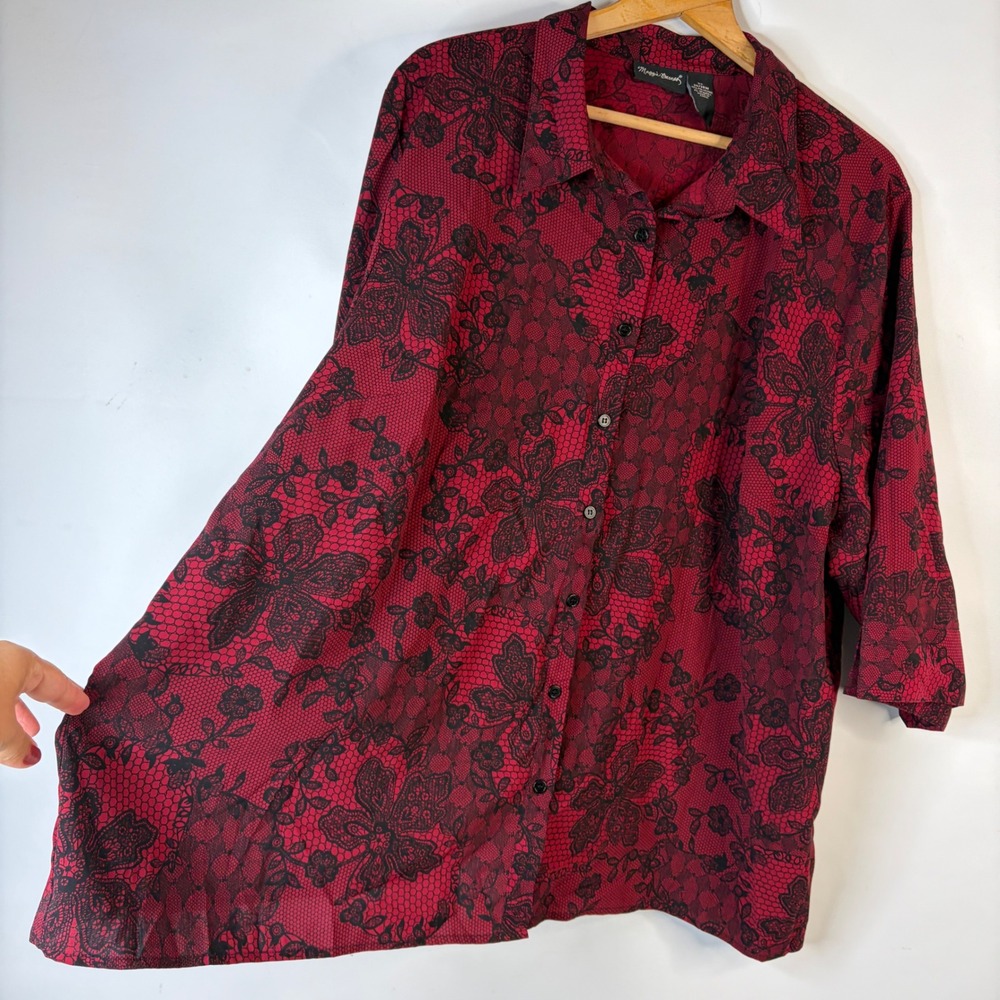 Maggie Barnes Blouse Women 3X Red Black Floral Lace Print Button Front 3/4 Slv - Picture 4 of 7